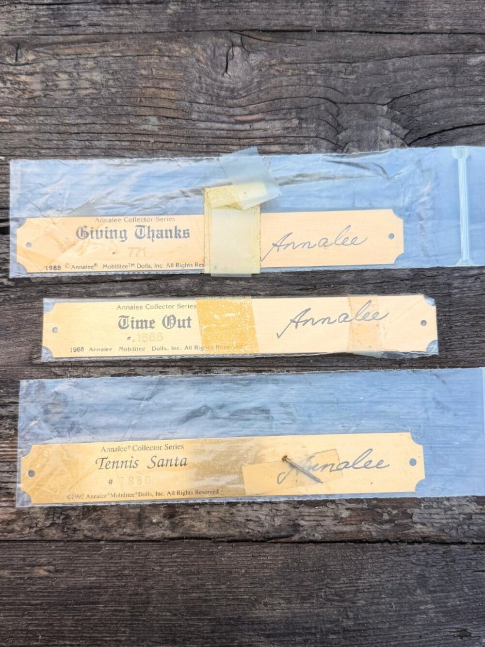 Vintage Annalee Brass Name Plate Lot 1988 1989 1992 Santa Time Out Giving Thanks